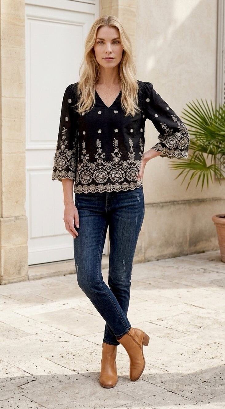 Garnet Hill Size M Mollie Organic-Cotton Embroidered Blouse Black